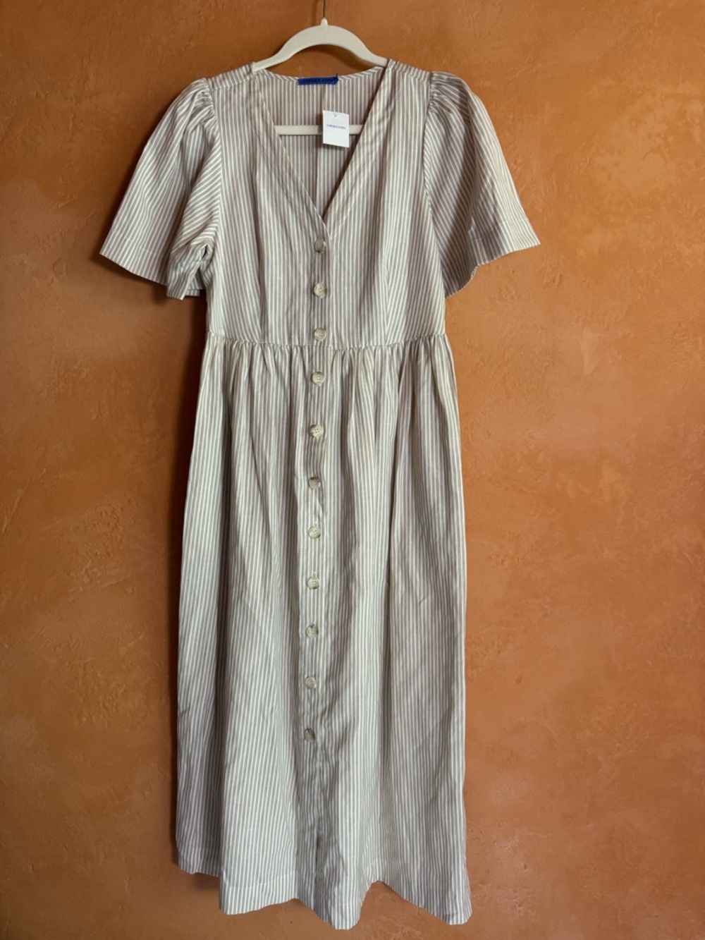 J McLaughlin Annora Dress Small NWT Linen Blend Stripe Button Front Midi
